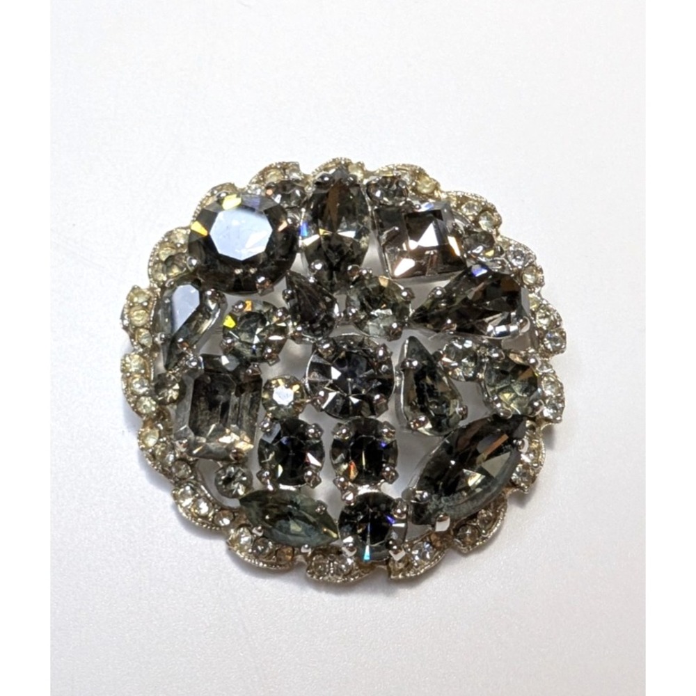 Vintage WEISS Smoky Rhinestone Brooch Black Diamond Style Round Cluster Pin